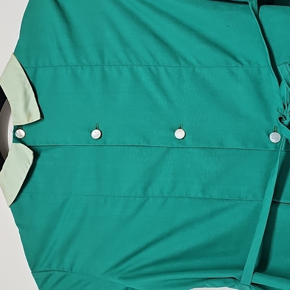 Vtg Green Girls Dress W/vine Applique Tie & Button Back Box Pleats - Picture 3 of 8